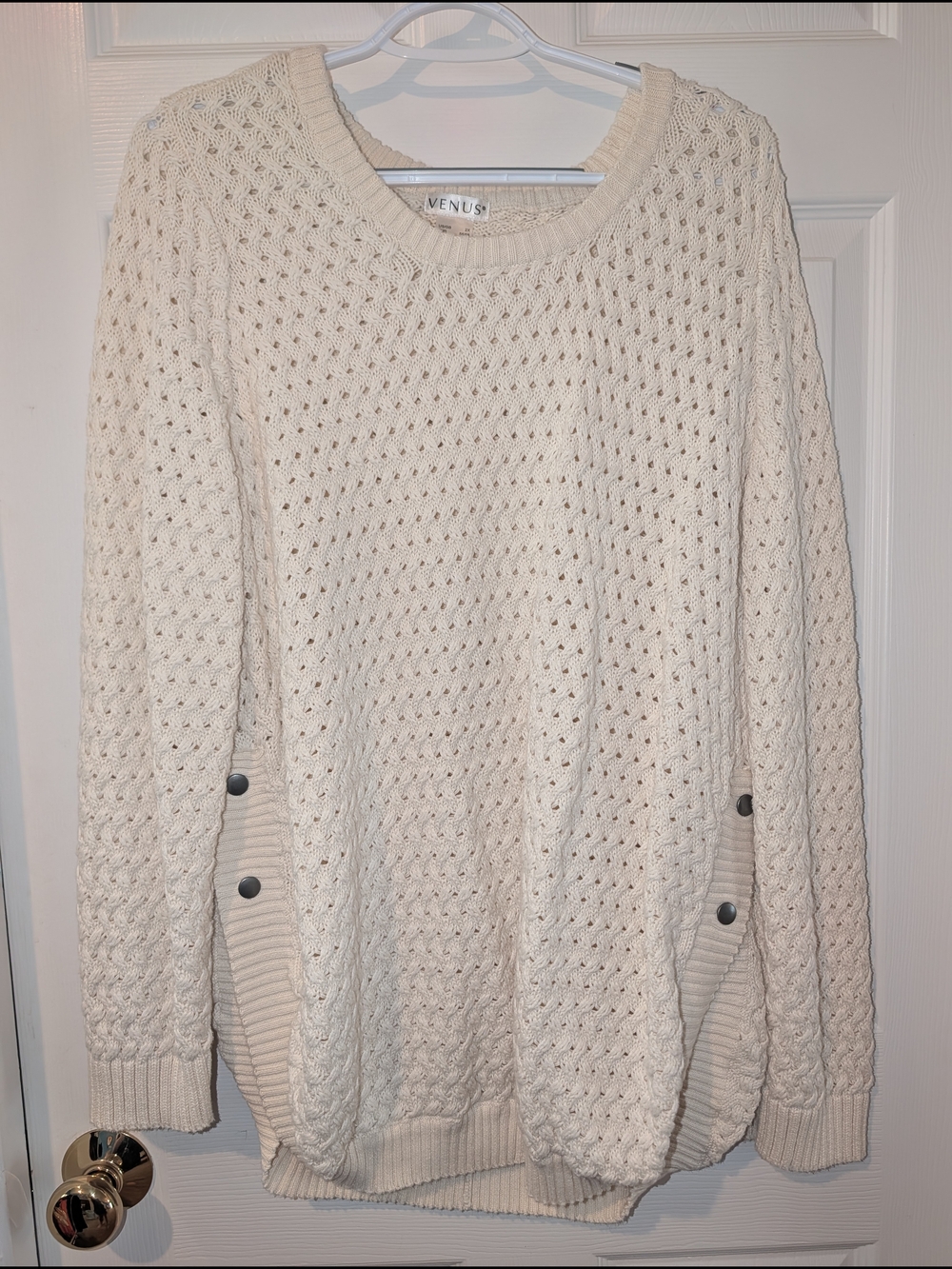 VENUS Cream Open-Weave Crewneck Sweater with Side Button Detail